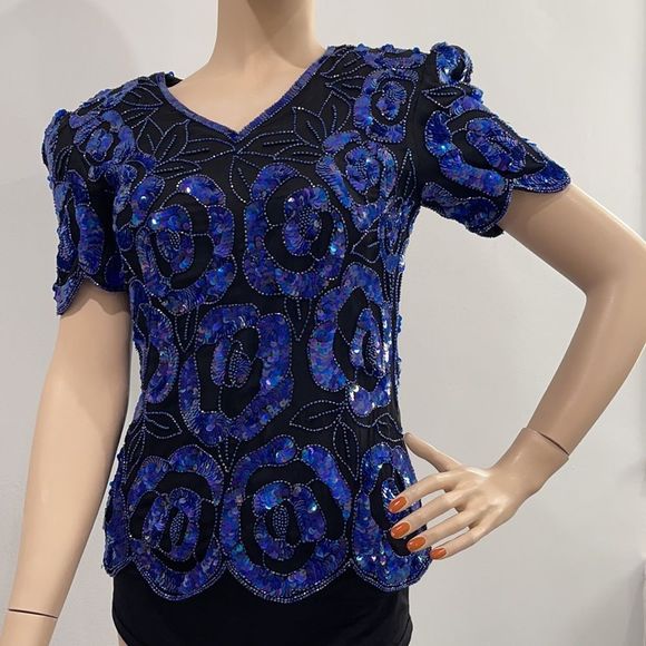 Vintage Blue Beaded Sequin Top - Picture 10 of 17